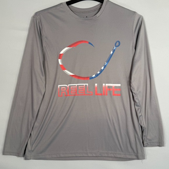 Reel Life Men's Medium Long Sleeve Fishing Shirt Gray Fishing Hook USA Flag Des - Picture 1 of 5